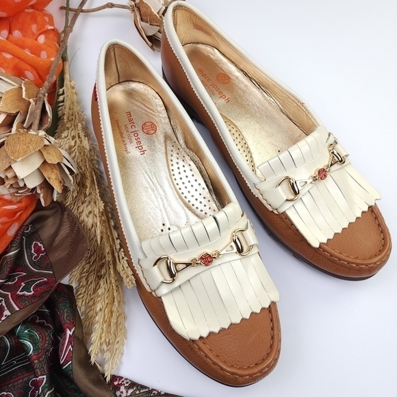 🔴 Marc Joseph Lexington Leather Tan Cream Women's Golf Loafer Sz 11 - Picture 2 of 11